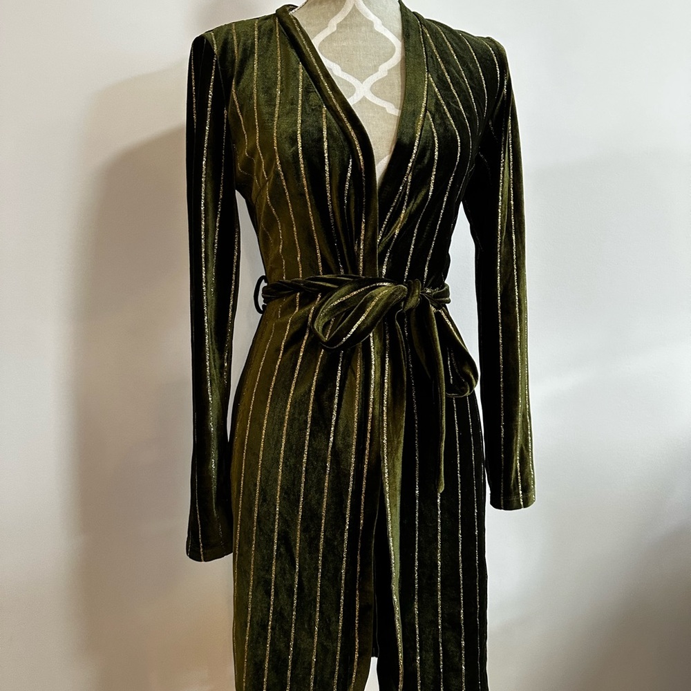 Nasty Gal Olive Green Velvet Pinstripe Wrap Trench Coat